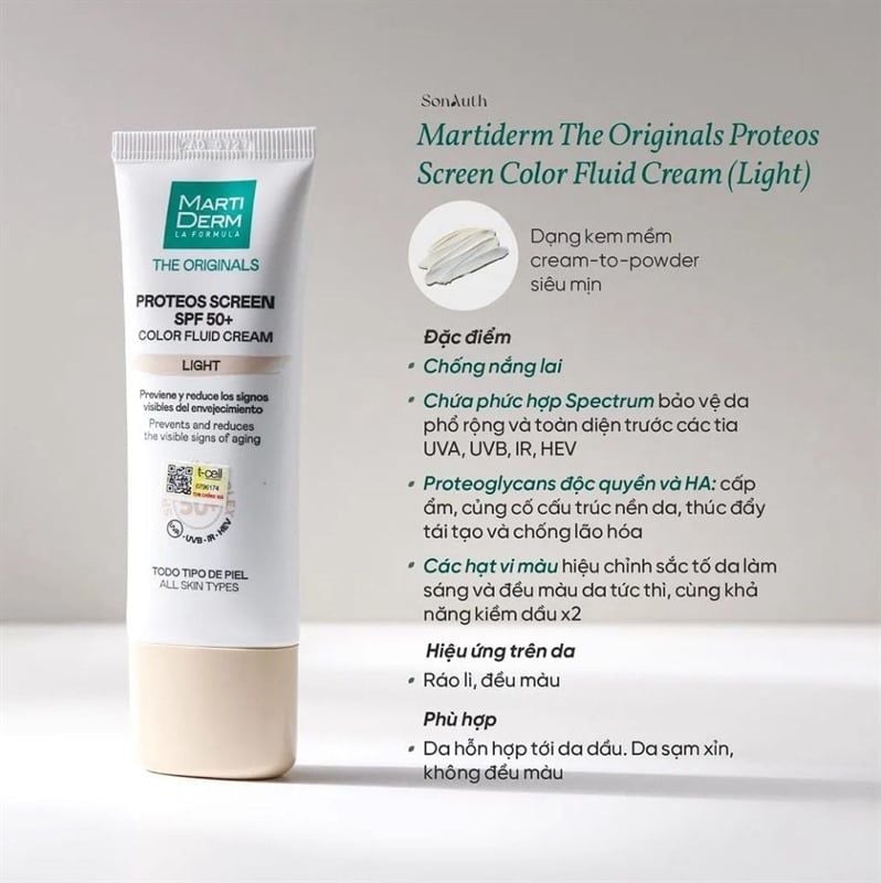 Kem chống nắng Martiderm proteos screen spf 50+ color fluid cream light 40ml