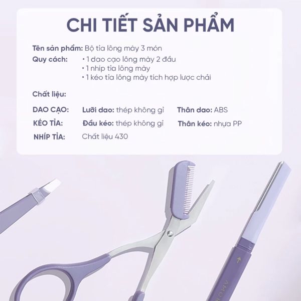 Bộ Dụng Cụ Tỉa Lông Mày Amortals Eyebrow Refining Tricmer 3-Piece Set