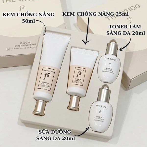 COMBO 4 món Kem Chống Nắng THE WHOO White Tone Up 50ml +25ml + sữa dưỡng 20ml +toner 20ml