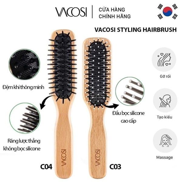 Lược gỗ gỡ rối Chải Suôn và Mượt Tóc Vacosi Styling Wooden Hairbrush C03