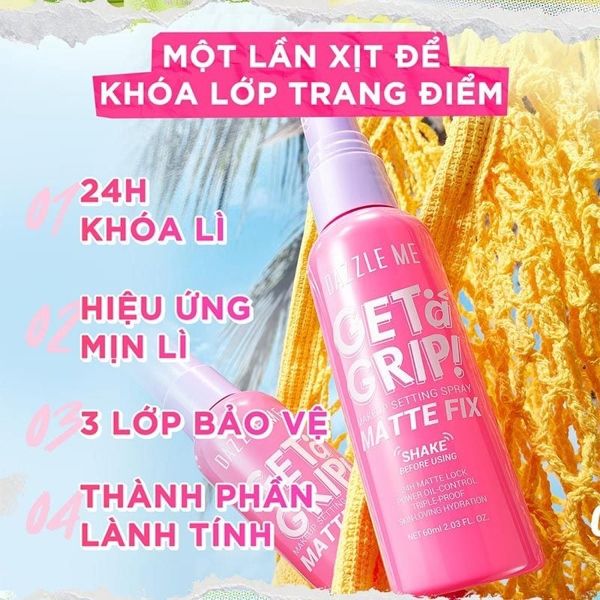 [new] Xịt Khóa Nền DAZZLE ME Get A Grip Makeup Setting Spray matte fit 60ml #hồng
