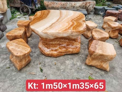 Bộ bàn ghế đá tự nhiên đá can xít vàng (thạch anh non) tự nhiên nguyên khối
