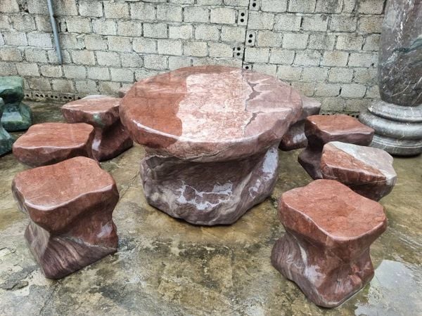 Bộ bàn ghế đá tự nhiên, bàn ghế đá nguyên khối, Bộ bàn ghế đá đỏ vân rồng