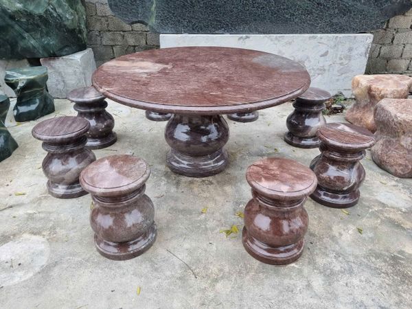 Bộ bàn ghế đá tự nhiên, bàn ghế đá nguyên khối, Bộ bàn tiện tròn đá đỏ vân rồng