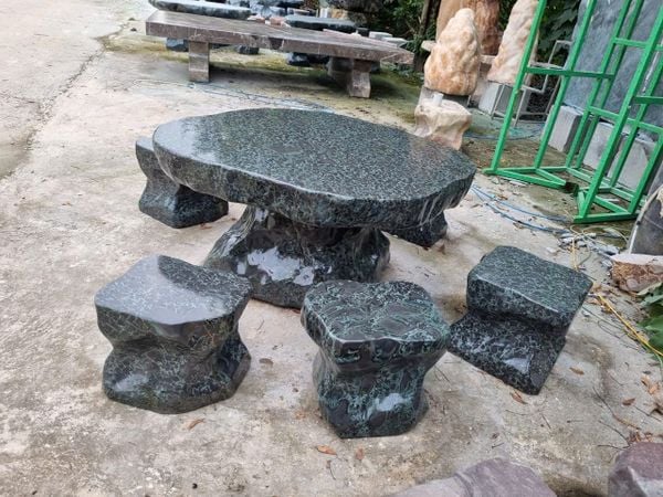 Bộ bàn ghế đá tự nhiên, bàn ghế đá nguyên khối, Bộ bàn ghế đá xanh Casidon