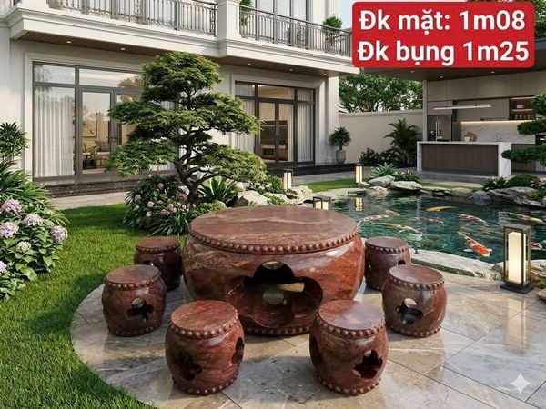 Bàn ghế đá tự nhiên, bàn ghế đá nguyên khối, Bộ bàn trống đá đỏ vân rồng – độc đáo, sang trọng và bền đẹp