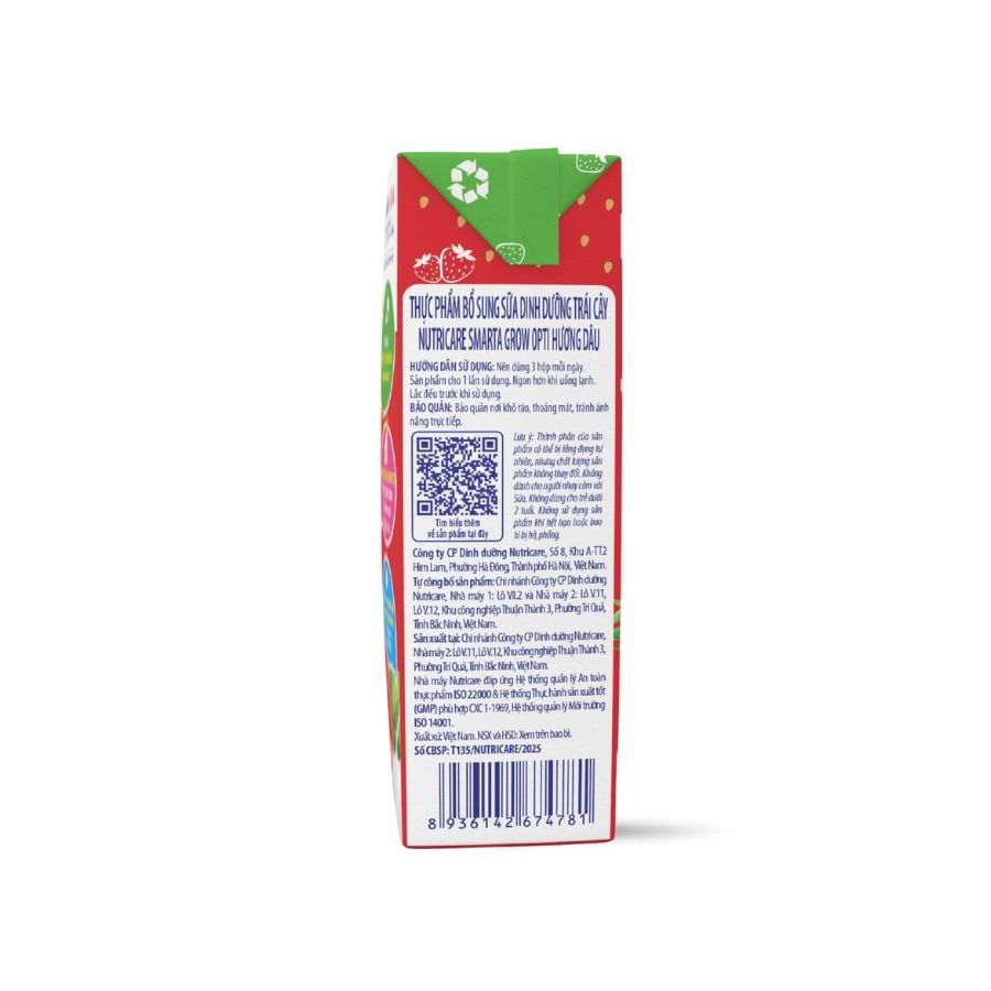 Sữa trái cây Nutricare Smarta Grow Vị Dâu Hỗ Trợ Bé Phát Triển Chiều Cao, Tiêu Hóa Khỏe (Thùng 48 Hộp)