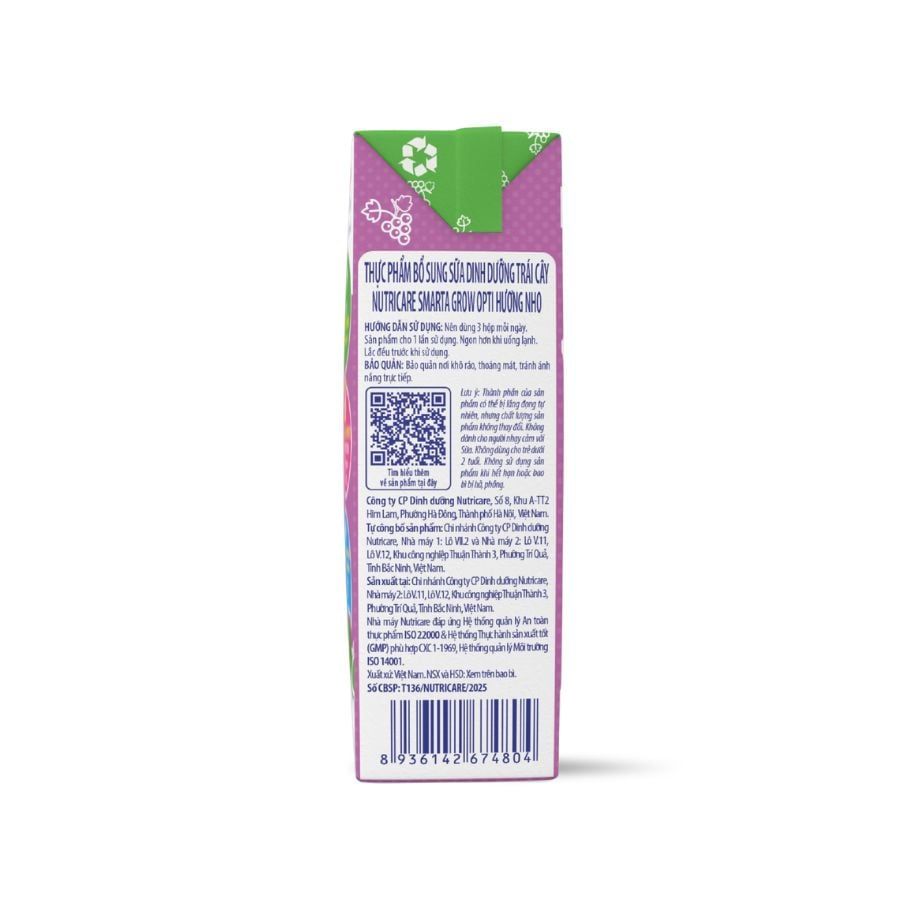 Sữa trái cây Nutricare Smarta Grow Opti Vị Nho Hỗ Trợ Bé Phát Triển Chiều Cao, Tiêu Hóa Khỏe (Thùng 48 hộp)