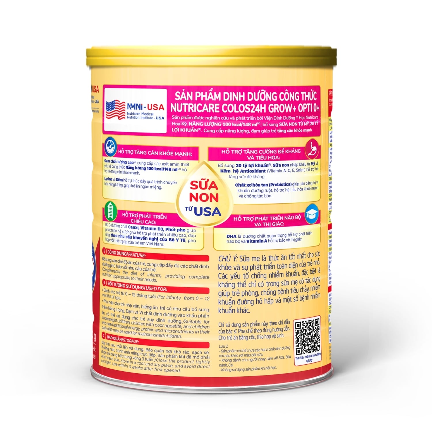 Sữa Bột Nutricare Colos 24h Grow Opti 0+ Hỗ Trợ Tăng Cân, Phát Triển Chiều Cao Cho Bé 800g