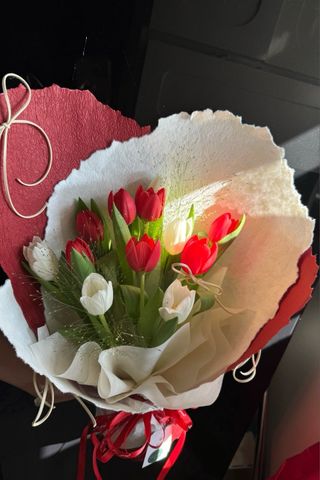 Bó Hoa Tulip Tone Đỏ Trắng Tinh Khôi A0293