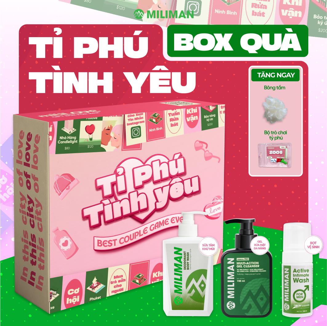 Box Tỷ Phú Tình Yêu miliLOVE | Gồm Sữa Tắm Hỗ Trợ Ngăn Mùi, Gel Rửa Mặt, Bọt Vệ Sinh Nam | Tặng Bông Tắm Và Bộ Trò Chơi Kèm Hộp Quà Đặc Biệt, Quà Tặng Nam Giới, Tặng Bạn Trai, Quà Tặng Chồng