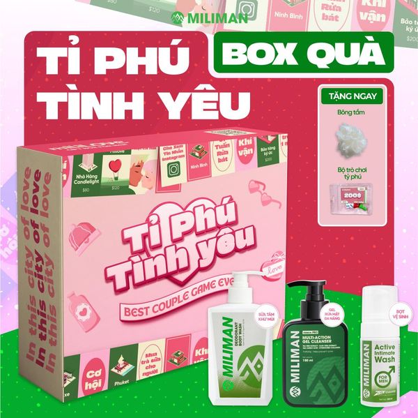  Box Tỷ Phú Tình Yêu miliLOVE | Gồm Sữa Tắm Hỗ Trợ Ngăn Mùi, Gel Rửa Mặt, Bọt Vệ Sinh Nam | Tặng Bông Tắm Và Bộ Trò Chơi Kèm Hộp Quà Đặc Biệt, Quà Tặng Nam Giới, Tặng Bạn Trai, Quà Tặng Chồng 