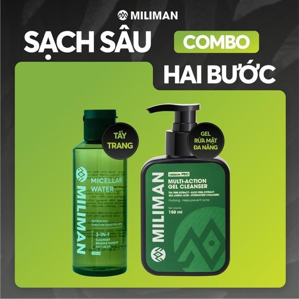 [Combo] Sạch Sâu 2 Bước MILIMAN Gồm Tẩy Trang Micellar Water Rau Má Tràm Trà 150ml và Gel Rửa Mặt Đa Năng Nam 150ml Bổ Sung Collagen thuỷ phân và chiết xuất Lô Hội 