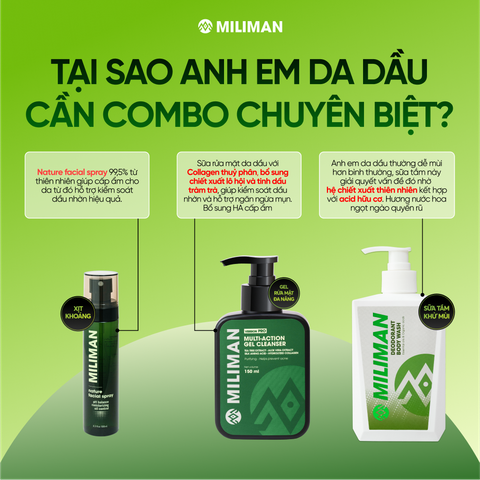  Combo Da Dầu MILIMAN - Chuyên Biệt Cho Nam Giới Da Dầu Gồm Sữa Rửa Mặt Da Dầu, Toner xịt Khoáng Thiên Nhiên Skincare, Sữa Tắm Khử Mùi Mencare | Tặng Nước Hoa minisize 2ml 