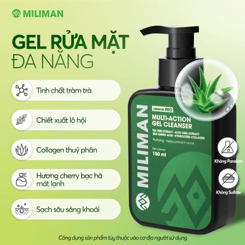  [Combo] Sạch Sâu 2 Bước MILIMAN Gồm Tẩy Trang Micellar Water Rau Má Tràm Trà 150ml và Gel Rửa Mặt Đa Năng Nam 150ml Bổ Sung Collagen thuỷ phân và chiết xuất Lô Hội 