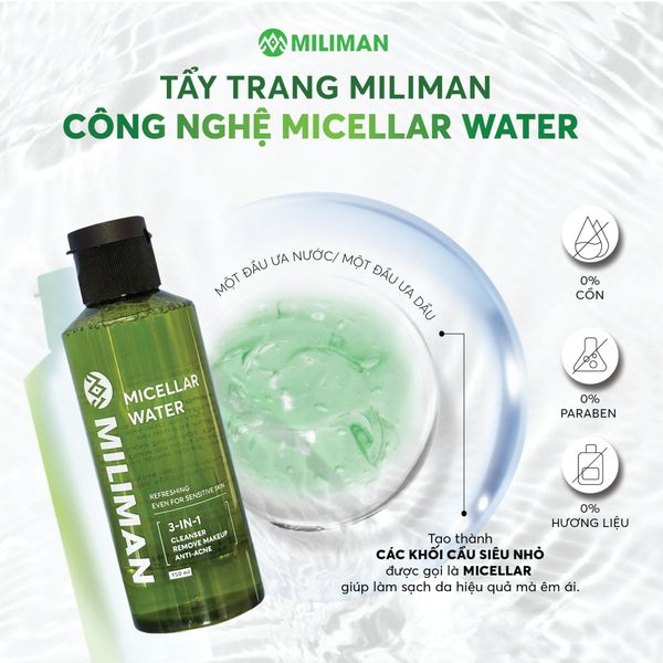  [Combo] Sạch Sâu 2 Bước MILIMAN Gồm Tẩy Trang Micellar Water Rau Má Tràm Trà 150ml và Gel Rửa Mặt Đa Năng Nam 150ml Bổ Sung Collagen thuỷ phân và chiết xuất Lô Hội 