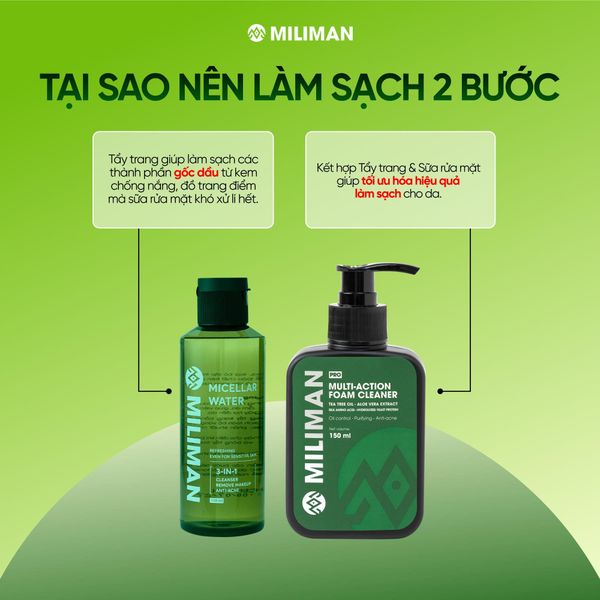  [Combo] Sạch Sâu 2 Bước MILIMAN Gồm Tẩy Trang Micellar Water Rau Má Tràm Trà 150ml và Gel Rửa Mặt Đa Năng Nam 150ml Bổ Sung Collagen thuỷ phân và chiết xuất Lô Hội 