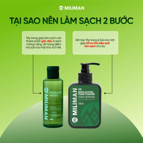  Combo Sạch Sâu 2 Bước MILIMAN – Tẩy Trang Micellar Rau Má Tràm Trà 150ml + Gel Rửa Mặt Đa Năng Nam Da Dầu 150ml | Combo Skincare Nam Giới 