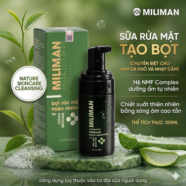  Sữa Rửa Mặt Nam Da Khô, Da Nhạy Cảm Dạng Bọt MILIMAN 100ml – Dịu Nhẹ, Lành Tính Công Nghệ NMF Complex Giữ Ẩm Cho Da 