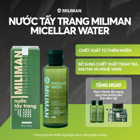  Nước Tẩy Trang Nam Giới MILIMAN 150ML Công Nghệ Micellar Water Chiết Xuất Rau Má, Tràm Trà Cho Da Dầu, Hỗn Hợp - Mua 2 Chai Tặng 1 Gel Dưỡng Da Ban Đêm 5 gram 