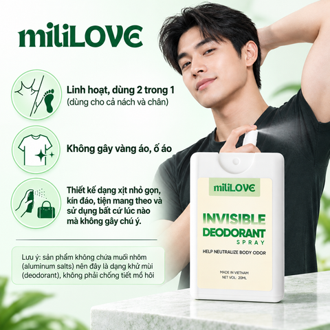  Xịt Khử Mùi Cơ Thể Invisible Deodorant Spray MiliLOVE Cho Nam & Nữ, Giúp Kiểm Soát Mùi, Sáng Mịn Vùng Dưới Cánh Tay 