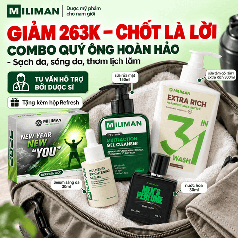  Combo Quý Ông Hoàn Hảo MILIMAN Gồm Sữa Rửa Mặt , Sữa Tắm Gội , Serum, Nước Hoa Nam Cao Cấp, Giúp Sạch Da, Sáng Da 