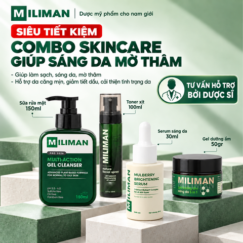  Bộ Skincare Nam Giúp Sáng Da Mờ Thâm Gồm Sữa Rửa Mặt Nam MILIMAN, Toner, Serum Sáng Da, Gel Dưỡng Ẩm 