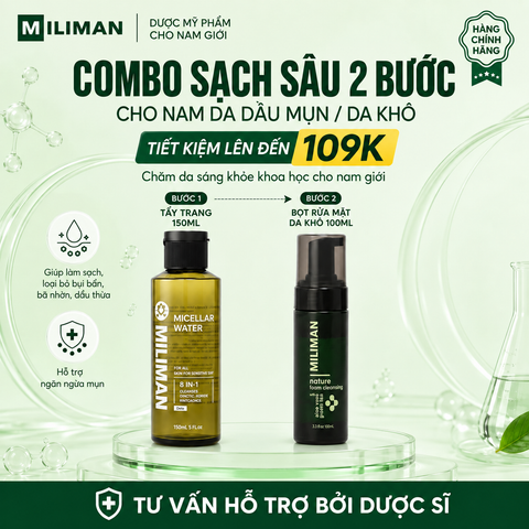  Combo Sạch Sâu MILIMAN Nước Tẩy Trang Và Sữa Rửa Mặt Nam MILIMAN 150ml | Double Cleansing Hiệu Quả 