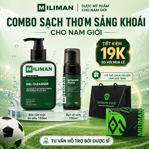 Combo Sạch Thơm Sảng Khoái MILIMAN | Gồm Sữa Rửa Mặt Cho Riêng 2 Loại Da + Bọt Vệ Sinh Nam 