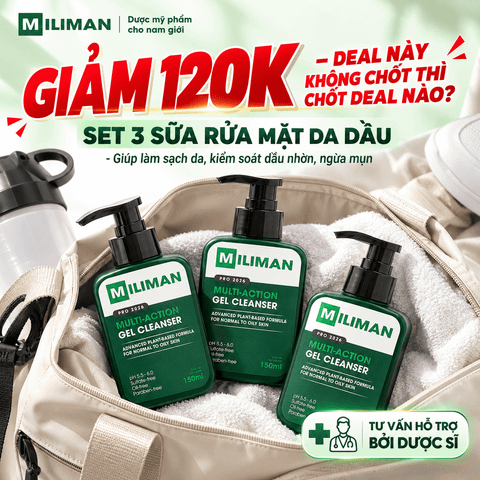  Combo 3 Sữa Rửa Mặt Cho Nam Da Dầu MILIMAN 150ml | Dạng Gel Làm Sạch Sâu, Giúp Kiềm Dầu, Hỗ Trợ Ngừa Mụn 