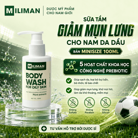  [MINISIZE] Sữa Tắm Giảm Mụn Lưng Cho Nam Da Dầu MILIMAN 100ml Hỗ Trợ Giảm Mụn Lưng, Khử Mùi, Loại Bỏ Bã Nhờn 