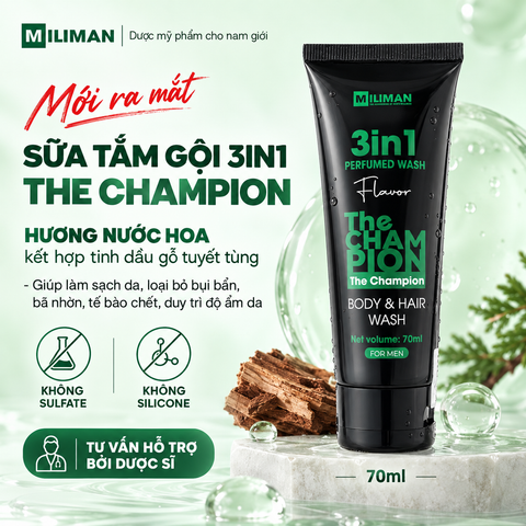  [NEW] Sữa Tắm Gội 3in1 The Champion MILIMAN Hương Nước Hoa Gỗ Tuyết Tùng 70ml, Không Sulfate, Không Silicon 