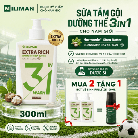 Sữa Tắm Gội Nam Dưỡng Thể 3in1 MILIMAN Extra Rich 300ML | Làm Sạch Dịu Nhẹ & Dưỡng Ẩm Da Tóc Nam 