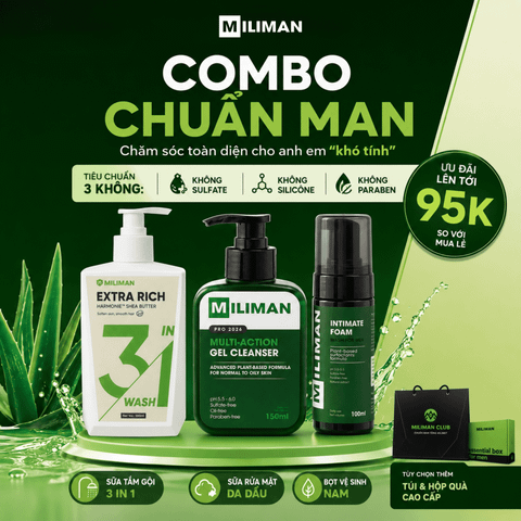 Combo Chuẩn Man MILIMAN | Chăm Sóc Toàn Diện Với Sữa Tắm Gội, Sữa Rửa Mặt Nam, Bọt Vệ Sinh 