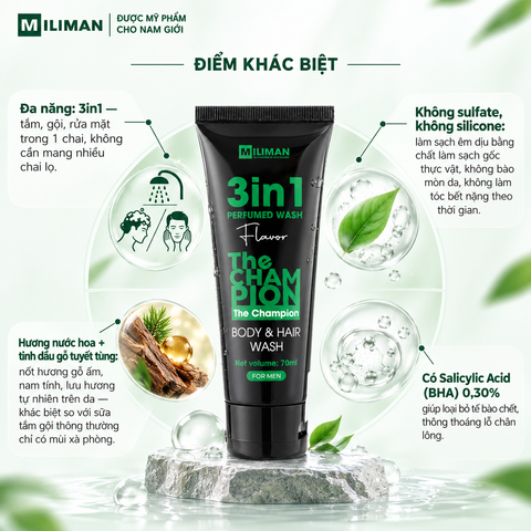  [NEW] Sữa Tắm Gội 3in1 The Champion MILIMAN Hương Nước Hoa Gỗ Tuyết Tùng 70ml, Không Sulfate, Không Silicon 