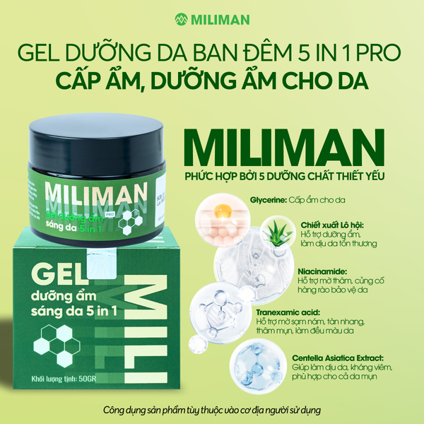  Gel Dưỡng Ẩm Da Mặt 5in1 MILIMAN PRO – Dưỡng Ẩm, Giúp Phục Hồi Da, Với Chiết xuất Rau Má, Vitamin B5, E, Niacinamide | Giúp Da Nam Sáng Mịn, Khỏe 