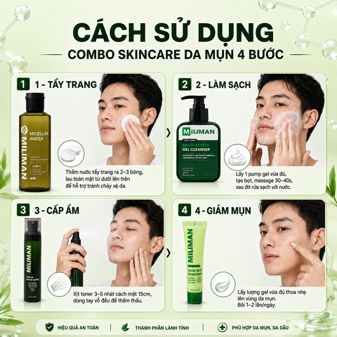  Combo Skincare Da Mụn Cho Nam MILIMAN Gồm Tẩy Trang, Sữa Rửa Mặt Nam, Toner Xịt, Gel Mụn 