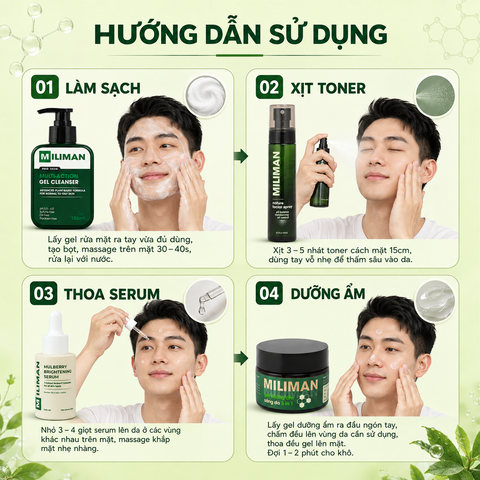  Bộ Skincare Nam Giúp Sáng Da Mờ Thâm Gồm Sữa Rửa Mặt Nam MILIMAN, Toner, Serum Sáng Da, Gel Dưỡng Ẩm 