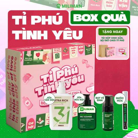  Quà Tặng Nam Box Tỷ Phú Tình Yêu miliLOVE Gồm Sữa Tắm, Sữa Rửa Mặt, DDVS | Tặng Túi Hộp, Cờ Cặp Đôi 