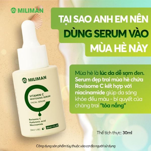  Serum Vitamin C Đẹp Trai Mùa Hè MILIMAN 30ml - Công Nghệ Rovisome C Hỗ Trợ Làm Mờ Thâm, Đều Màu Da, Không Nhờn Rít, Dưỡng Da Skincare 