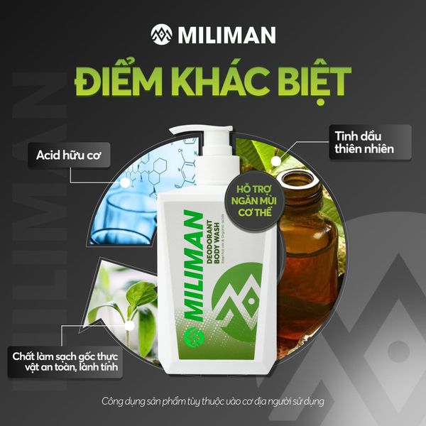  Sữa Tắm Hỗ Trợ Khử Mùi Miliman 300ml - Tinh Dầu Thiên Nhiên & Acid Hữu Cơ Giúp Ngăn Mùi Cơ Thể, Sữa Tắm Nam Thơm Lâu Dưỡng Thể | 2 Chai Tặng 1 Bọt Vệ Sinh Zen Cleanse FULL SIZE 100ml 