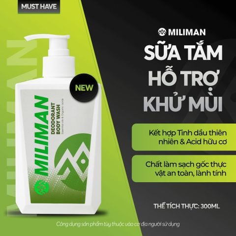  Sữa Tắm Hỗ Trợ Khử Mùi Miliman 300ml - Tinh Dầu Thiên Nhiên & Acid Hữu Cơ Giúp Ngăn Mùi Cơ Thể, Sữa Tắm Nam Thơm Lâu Dưỡng Thể | 2 Chai Tặng 1 Bọt Vệ Sinh Zen Cleanse FULL SIZE 100ml 