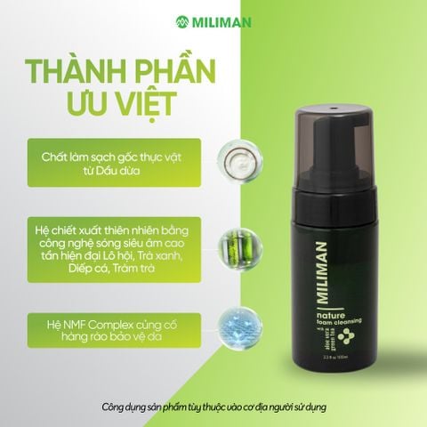  Bọt Rửa Mặt Thiên Nhiên MILIMAN 100ml Dành Cho Da Nhạy Cảm - Làm Sạch Từ Dầu Dừa, Chiết Xuất Thiên Nhiên Công Nghệ Cao, Hệ NMF Complex Dưỡng Ẩm Tự Nhiên Cho Da Sữa Rửa Mặt Nam Giới Skincare 