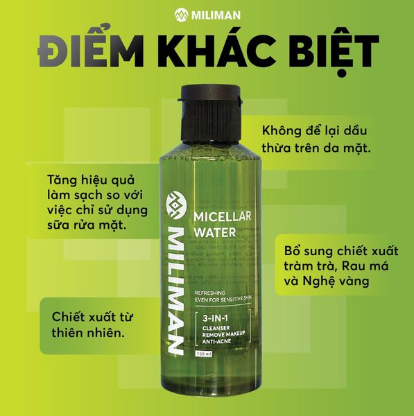  Nước Tẩy Trang Nam Giới MILIMAN 150ML Công Nghệ Micellar Water Chiết Xuất Rau Má, Tràm Trà Cho Da Dầu, Hỗn Hợp - Mua 2 Chai Tặng 1 Gel Dưỡng Da Ban Đêm 5 gram 