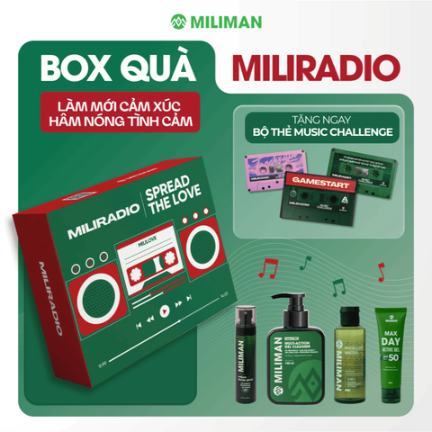  Box Quà MiliRadio - Quà Tặng Bạn Trai Tuỳ Chọn Playlist Nhạc | Gồm Tẩy Trang, Sữa Rửa Mặt, Xịt Khoáng, Gel Dưỡng Ngày Miliman | Tặng Bộ Thẻ Music Challenge & Hộp Quà Radio Độc Đáo 