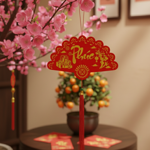  KHÁNH QUẠT TREO PHÚC LỘC THỌ CHỮ THƯ PHÁP NHUNG ĐỎ CAO CẤP TRANG TRÍ TẾT 