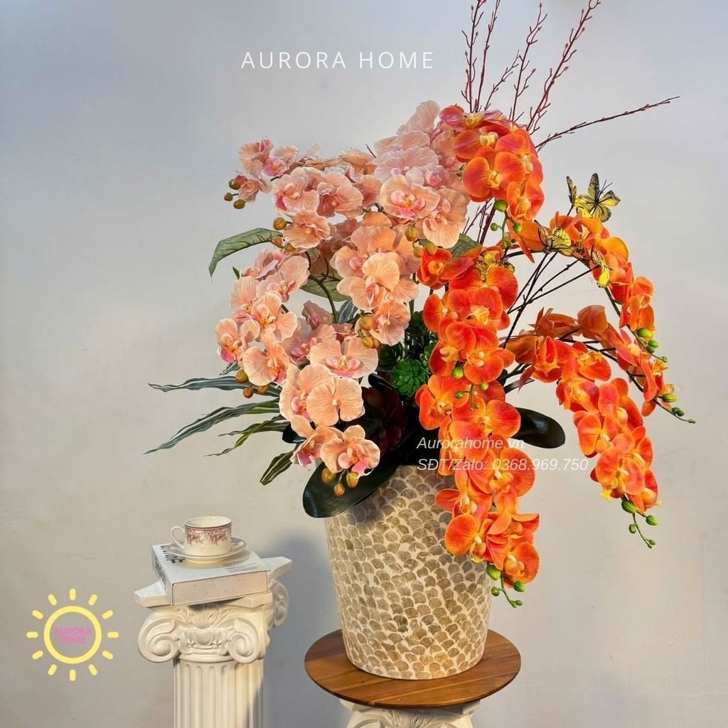Chậu hoa lan hồ điệp giả cao cấp Hỏa Vân Cát Tường