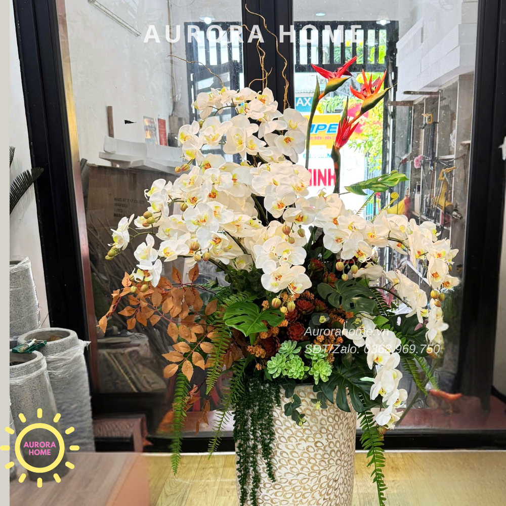 Bình hoa lan giả trang trí cao cấp Elia