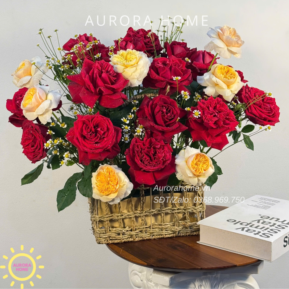 Giỏ hoa tươi tone Sunshine & Red Roses