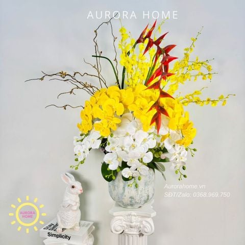 Chậu hoa lan hồ điệp giả cao cấp Hoàng Lục Bảo